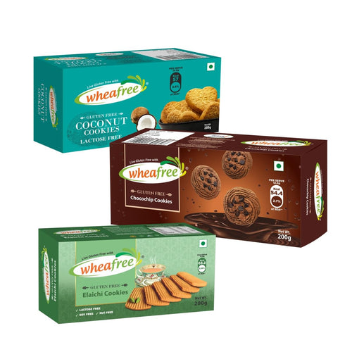 Wheafree Gluten Free Cookies Combo Elaichi + Coconut + Chocochips Cookies (Pack of 3 x 200g) | Tasty, Crunchy and Crispy | No Maida | 100% Vegetarian and Wholesome Ingredients