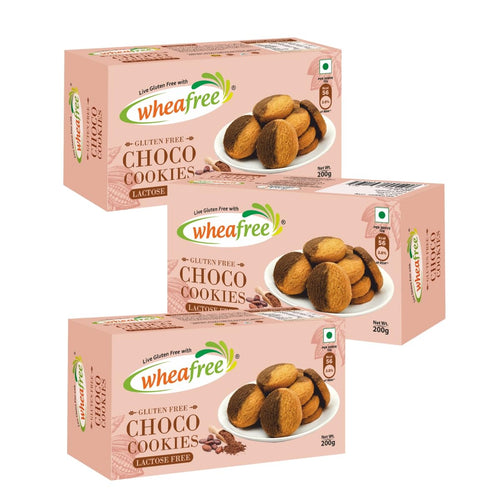 Wheafree Gluten Free Choco Cookies (Pack of 3 x 200g each) | Lactose Free | No Maida | Best Tea Time Snacks | 100% Vegetarian Chocolate Flavoured Cookies