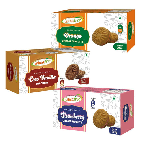 Wheafree Gluten Free Cream Biscuits Combo 600g (Strawberry, Orange, Coco Vanilla) Certified Gluten Free (Pack of 3*200g Each)