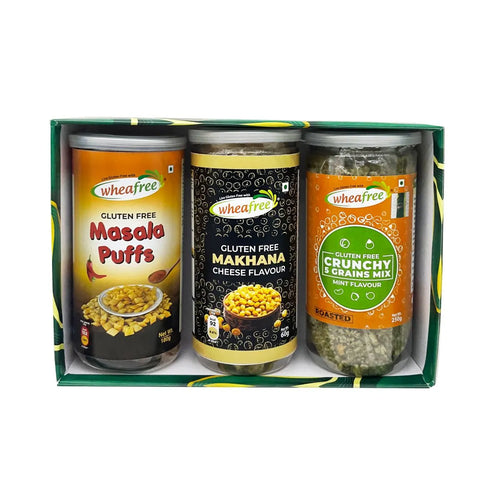 Gluten Free Savouries Gift Pack –  Masala Puffs 180g, Makhana Cheese Flavour 60g and Crunchy 5 Grain Mix 250g| Premiun Savouries Snack Combo – All Time Favorite |  Tasty Crispy and Crunchy