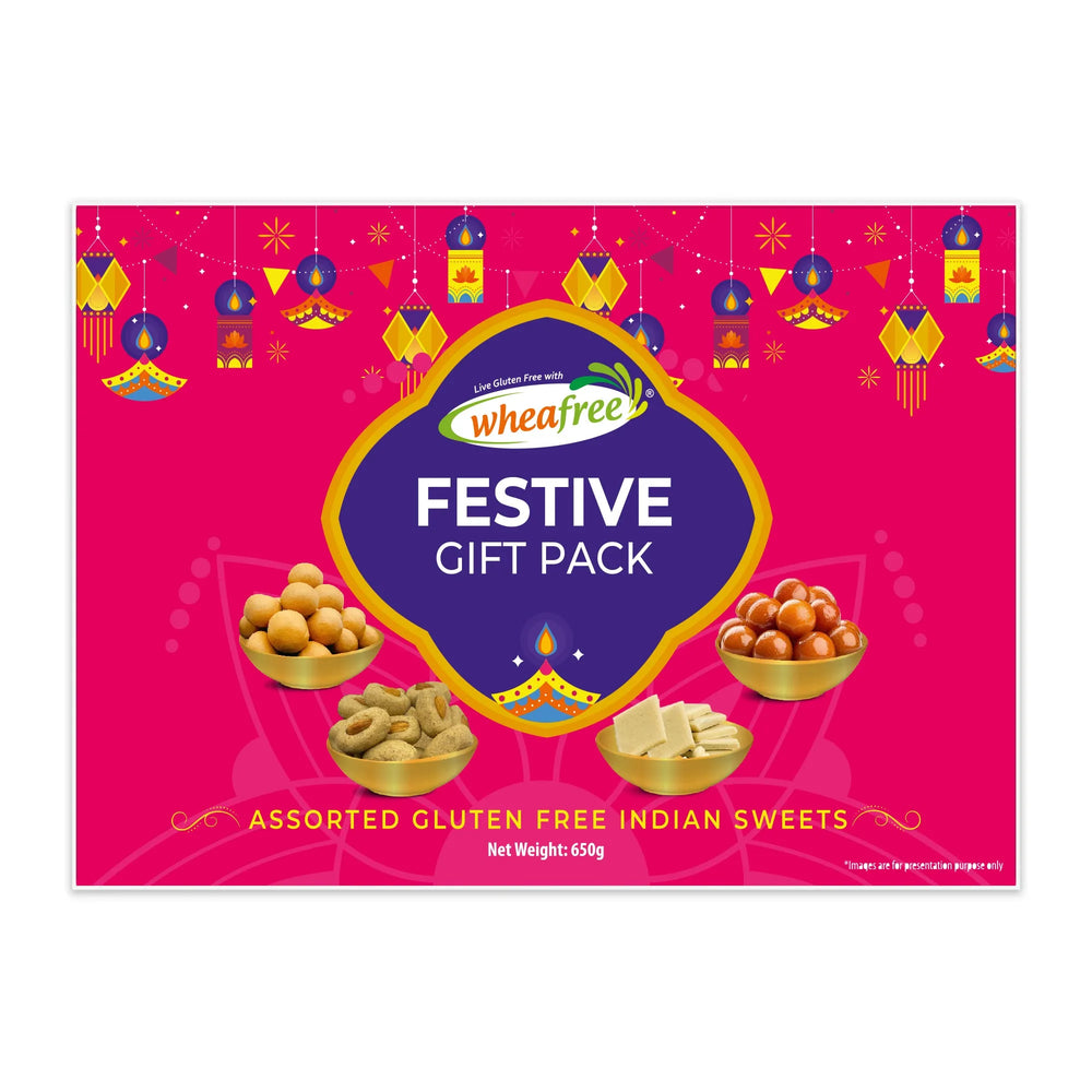 Festive Gift Pack Assorted Gluten Free Indian Sweets - Besan Ladoo, Gulab Jamun, Kaju Barfi And Desi Ghee Pinni
