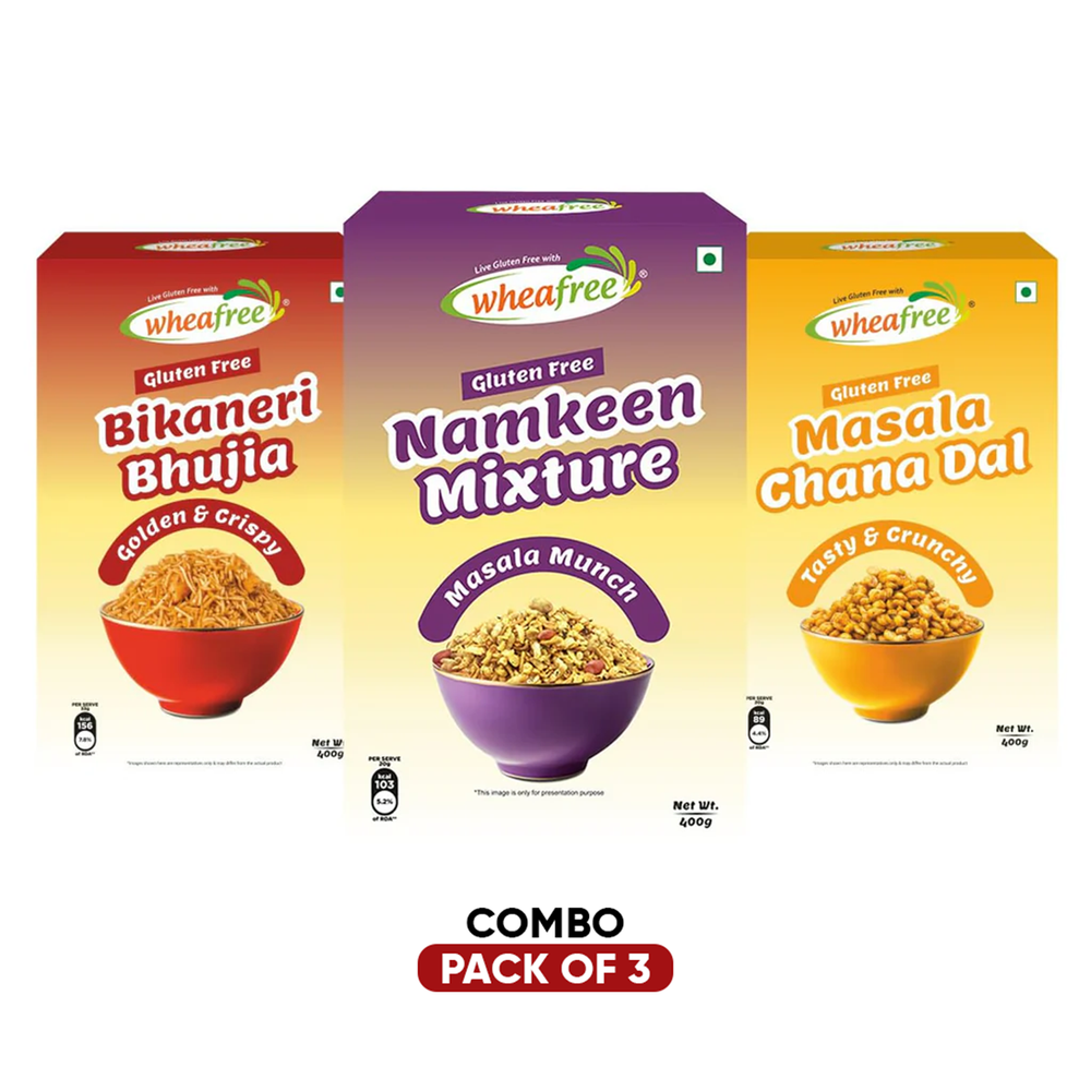 Wheafree Gluten Free Namkeen Combo Pack - Bikaneri Bhujia + Namkeen Mixture + Masala Chana Dal 400g | Ready to Eat Snacks | Indian Tasty and Crunchy Snacks | Tangy and Spicy Taste