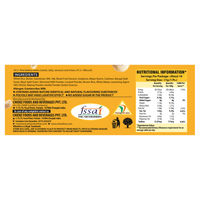Nutritional information label on a food product packaging with ingredients and branding details.