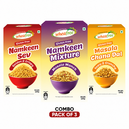 Wheafree Gluten Free Namkeen Combo Pack - Namkeen Sev + Namkeen Mixture + Masala Chana Dal 400g | Ready to Eat Snacks | Indian Tasty and Crunchy Snacks | Tangy and Spicy Taste