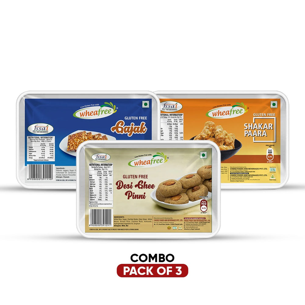 Wheafree Gluten-Free Traditional Sweets Combo | Gajak 250g + Desi Ghee Pinni 200g + Shakarpaara 250g