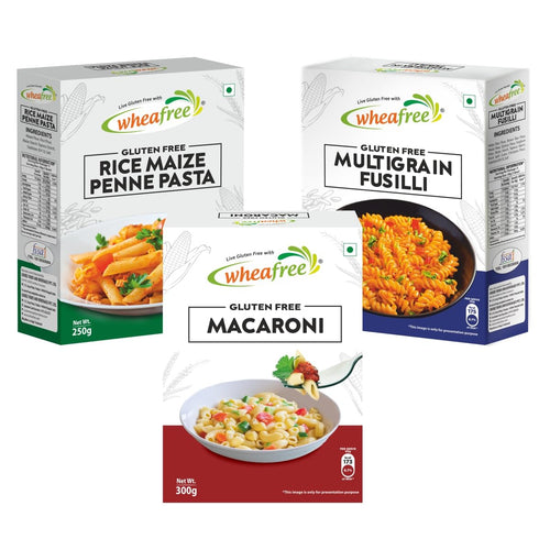 Wheafree Gluten Free Multigrain Fusilli (250g), Rice Maize Penne Pasta (250g) and Macaroni (300g) Combo Pack | No Trans Fat | No Cholesterol | No Maida